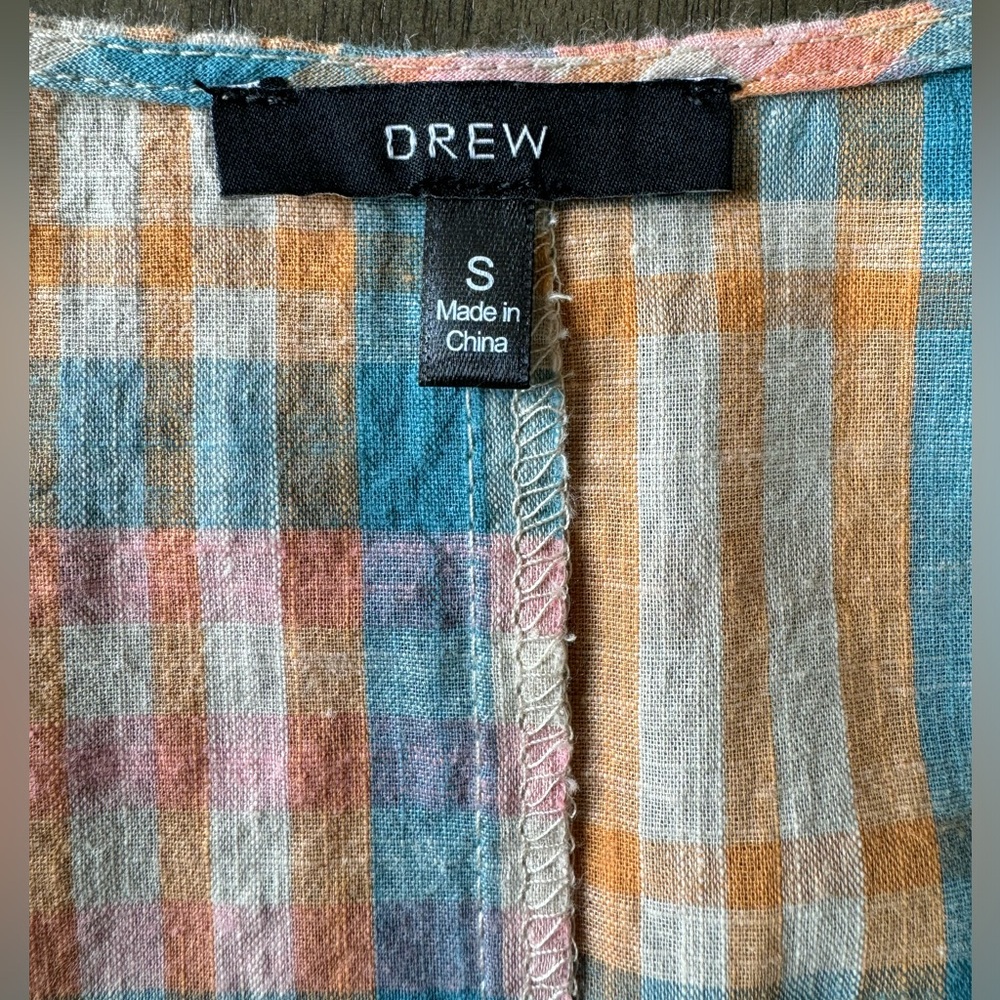 Drew Puff Sleeve Cottage Tiered Midi Dress Plaid Tan Pink Blue Multi Sz S - Picture 3 of 11